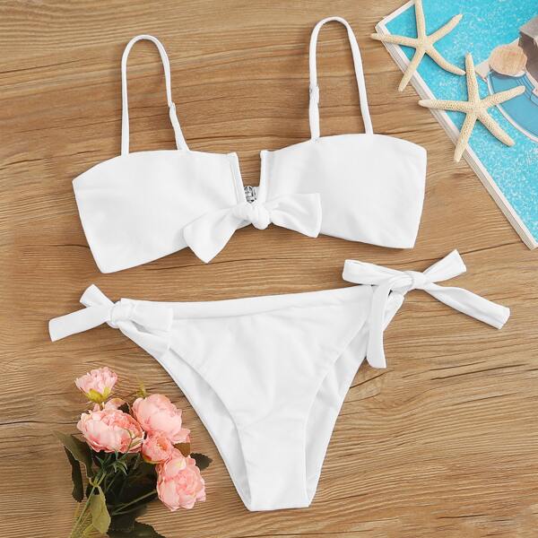 

Knot Front Top With Tie Side Bikini Set