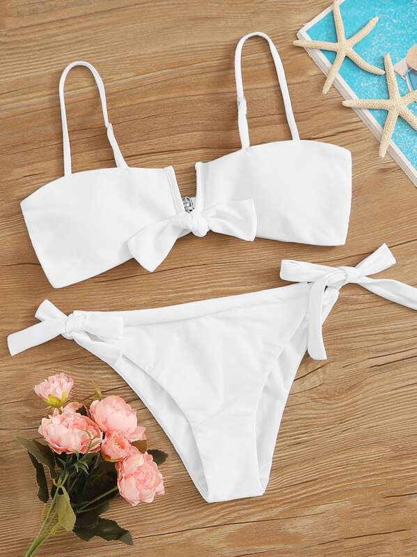 

Knot Front Top With Tie Side Bikini Set, White