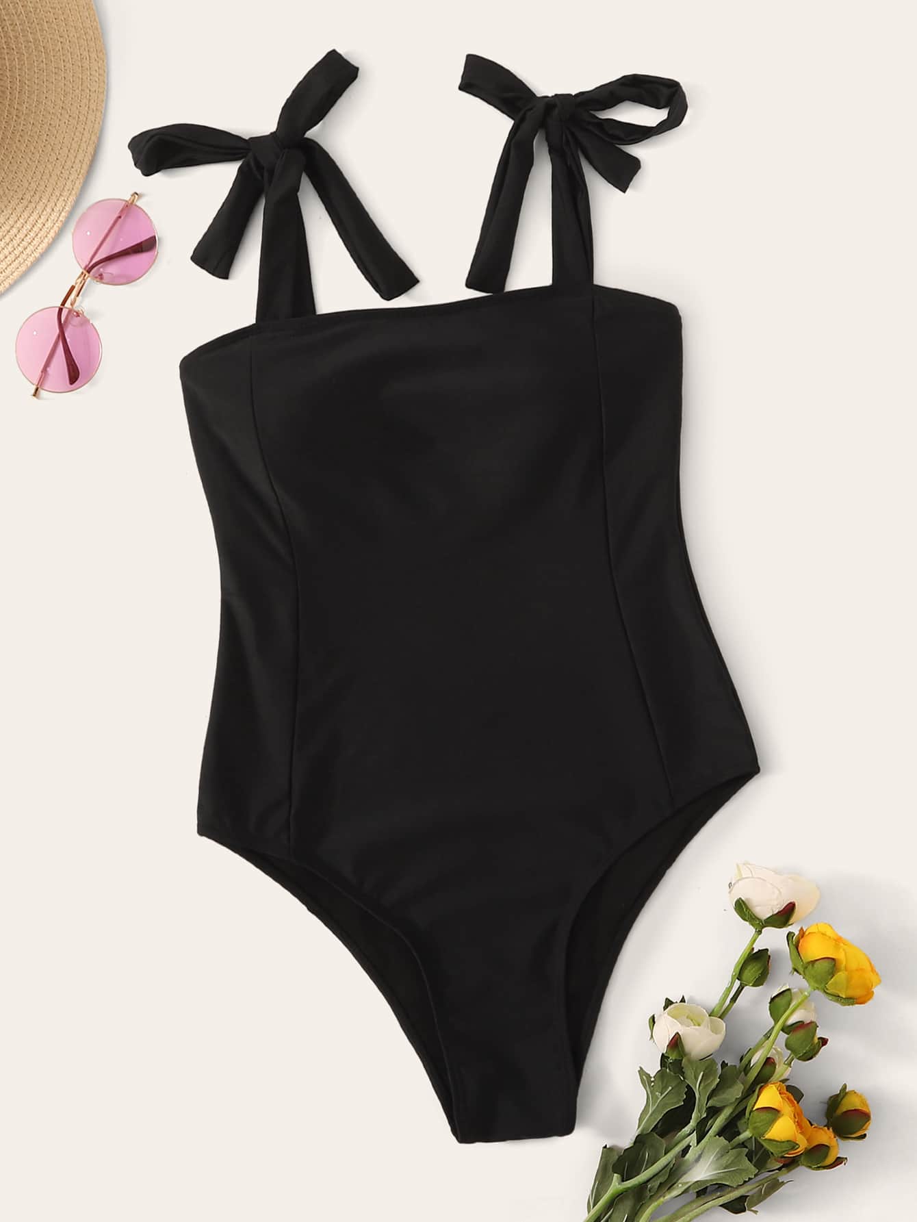 Tie Shoulder One Piece Swimsuit,Summer Beach
