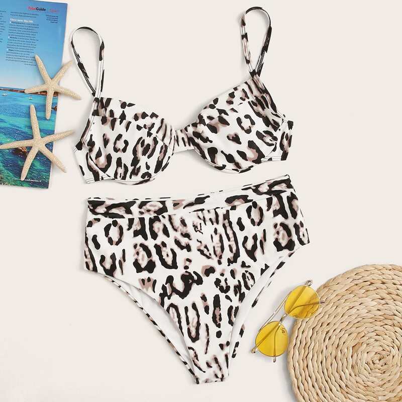 

Leopard Underwire Top With High Waist Bikini Set, Multicolor