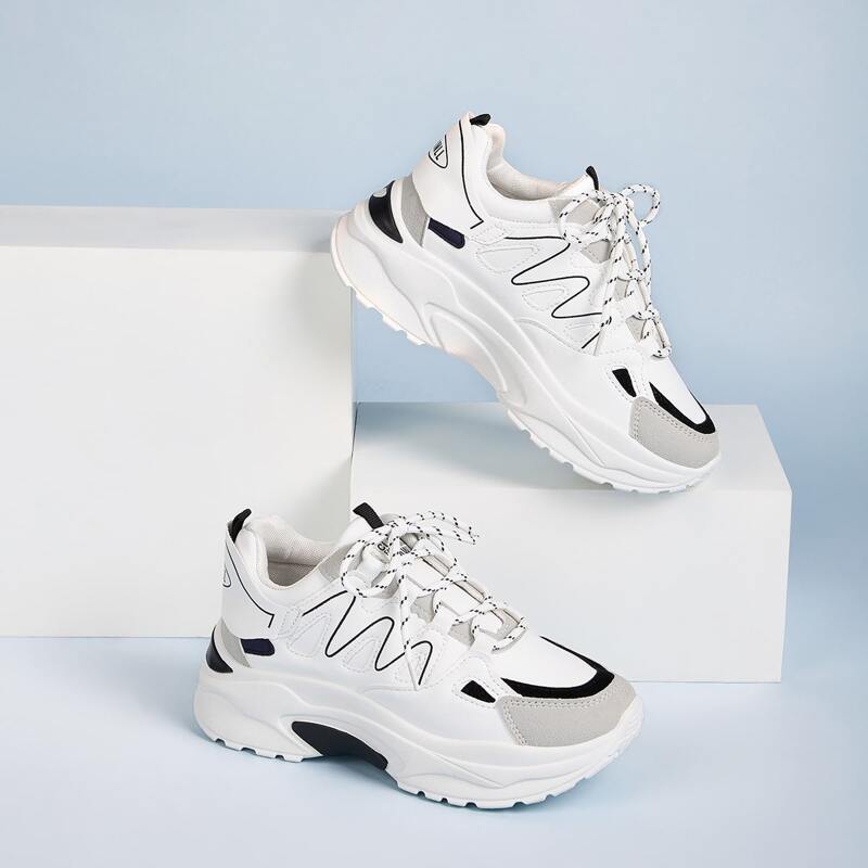 

Lace-up Front Chunky Sneakers, Black and white