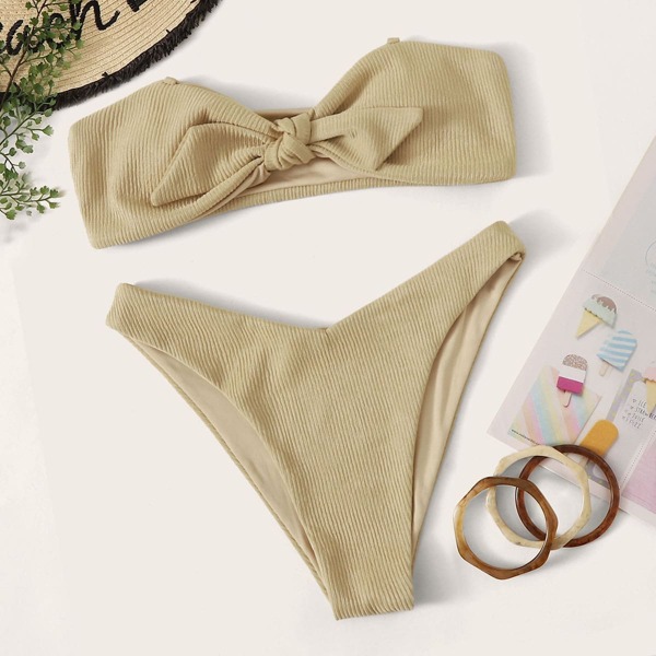 

Textured Knot Front Bandeau Bikini Set, Beige