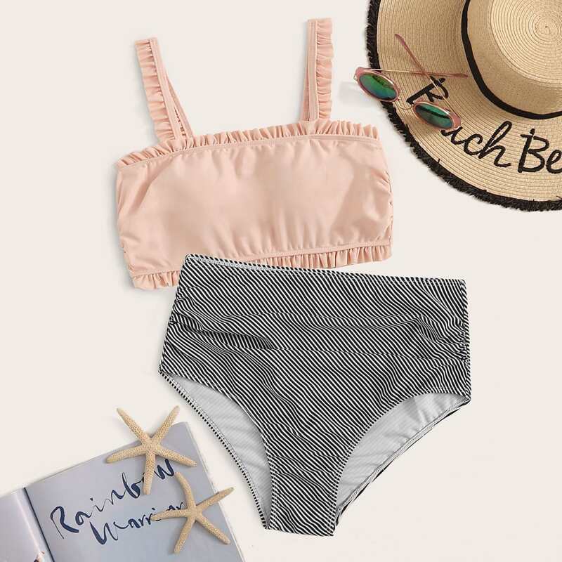 

Frill Trim Top With Striped Bikini Set, Multicolor