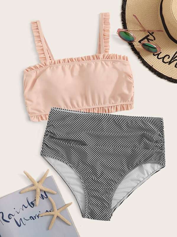 

Frill Trim Top With Striped Bikini Set, Multicolor