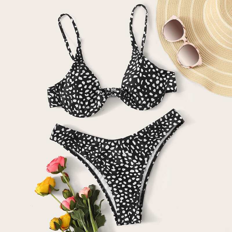 

Dalmation Print Underwire Bikini Set, Black and white