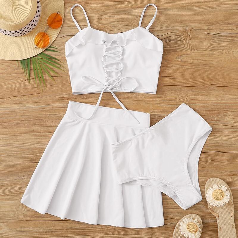 

3pack Lace-up Ruffle Trim Skirt Bikini Swimsuit, White