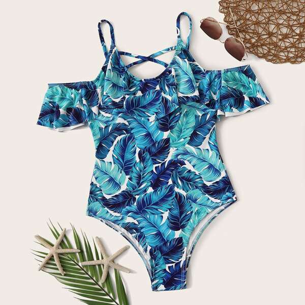 

Tropical Ruffle Trim Criss Cross One Piece Swimwear, Blue