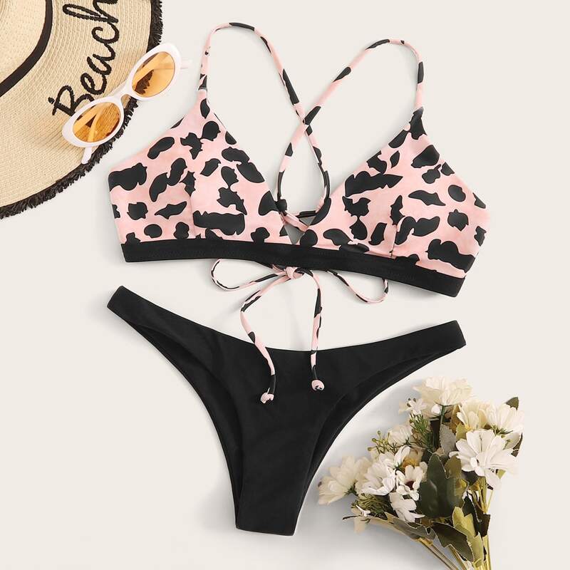 

Lace Up Back Top With High Cut Bikini Set, Multicolor