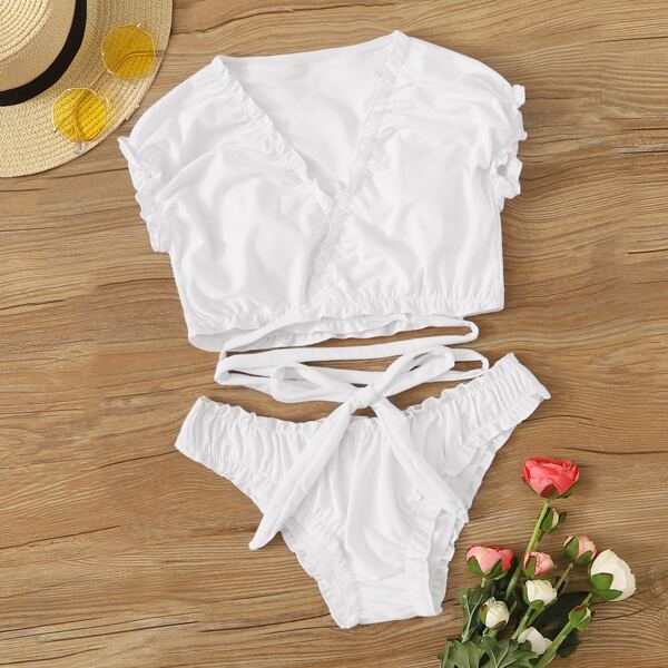 

Frill Trim Wrap Short Sleeve 2piece Swim