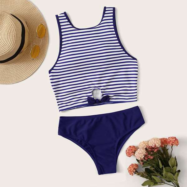 

Striped Knot Front Bikini Set, Multicolor