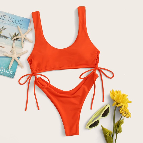 

Lace Up Side Top With High Cut Bikini, Orange