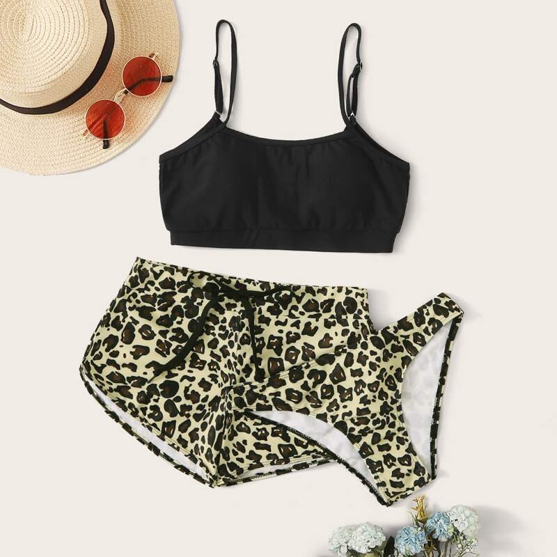 

Leopard Spaghetti Strap 3piece Co-ord Bikini Set, Multicolor