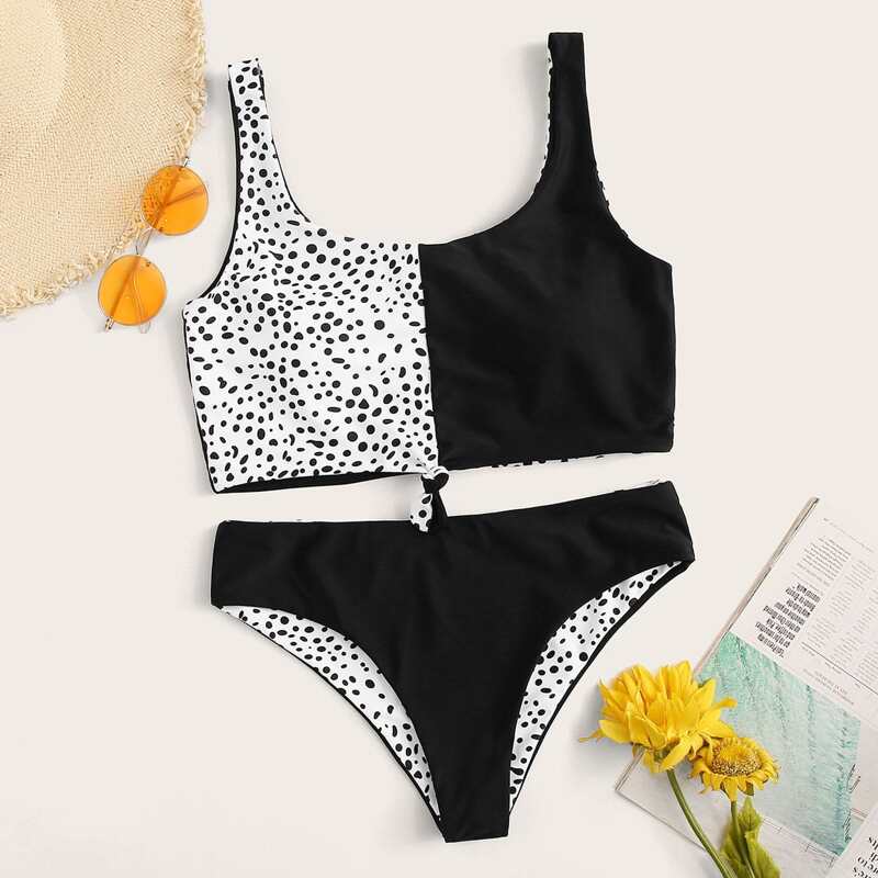 Dalmation Print Knot Hem Tankini Set, Black and white