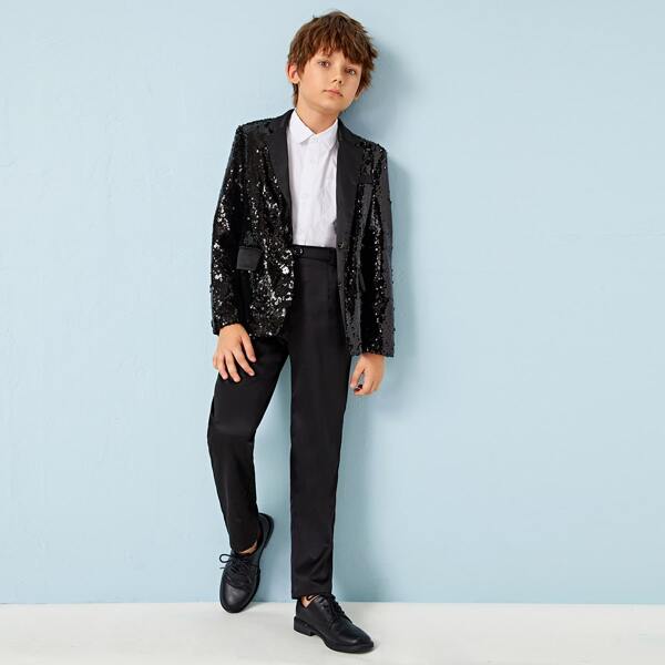 

Boys Sequin Blazer and Slant Pocket Tailored Pants Set, Black