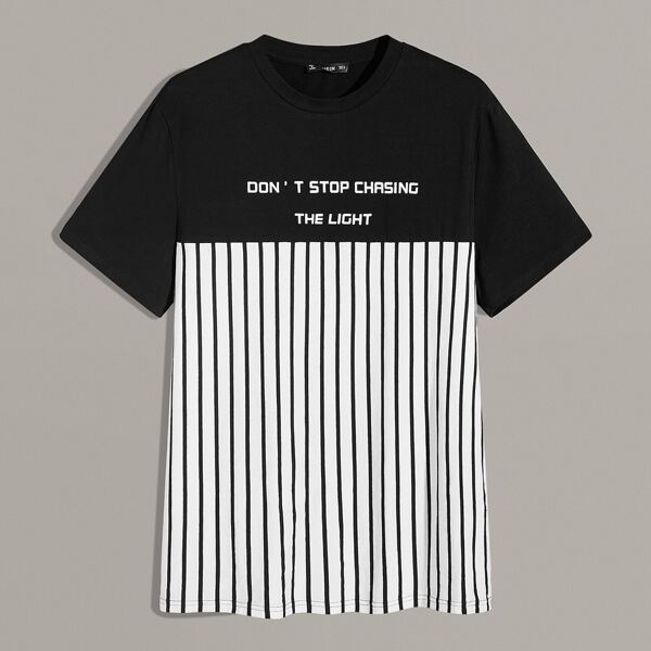 

Men Striped and Slogan Graphic Tee, Black and white