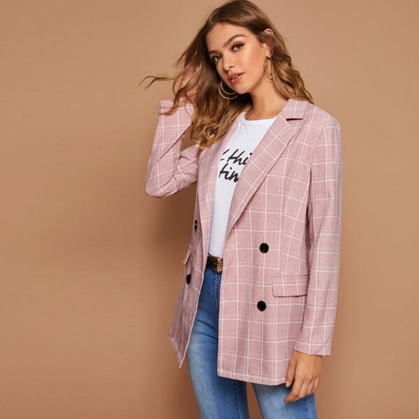

Notch Collar Double Breasted Plaid Blazer, Pink pastel