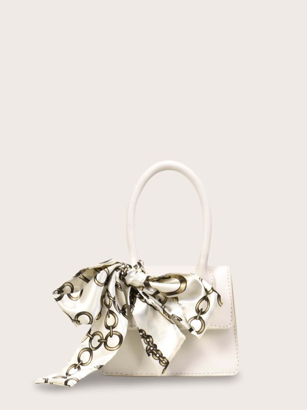 

Mini Chain Graphic Twilly Scarf Satchel Bag, White