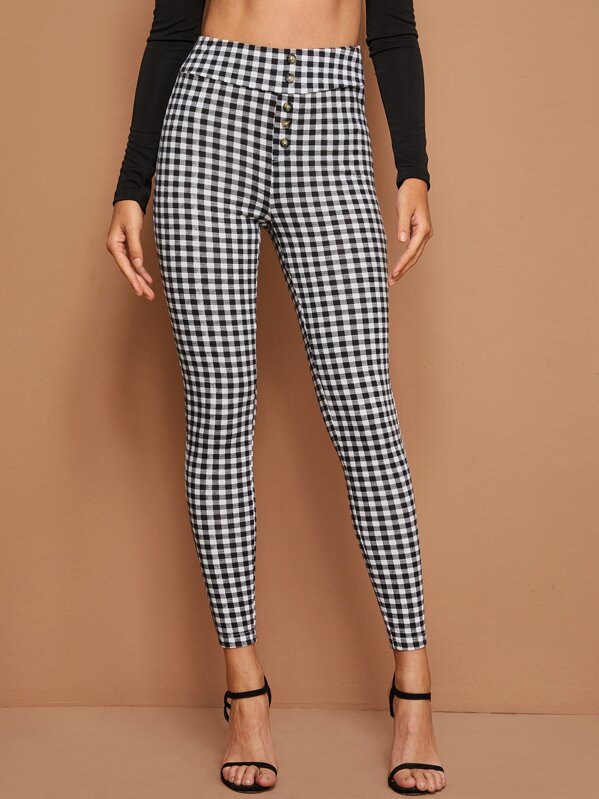 

Button Detail Wide Band Waist Gingham Print Pants, Black and white, Luiza