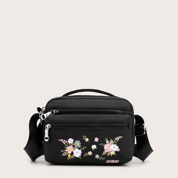 

Floral Embroidered Satchel Bag, Black