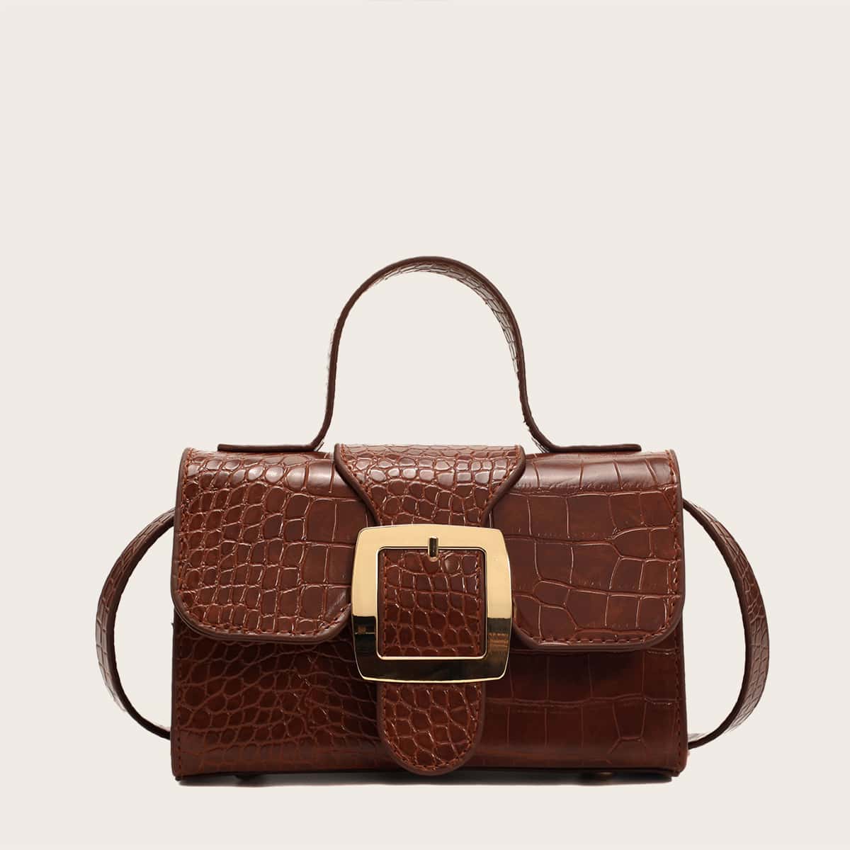 

Buckle Decor Croc Embossed Satchel Bag, Brown