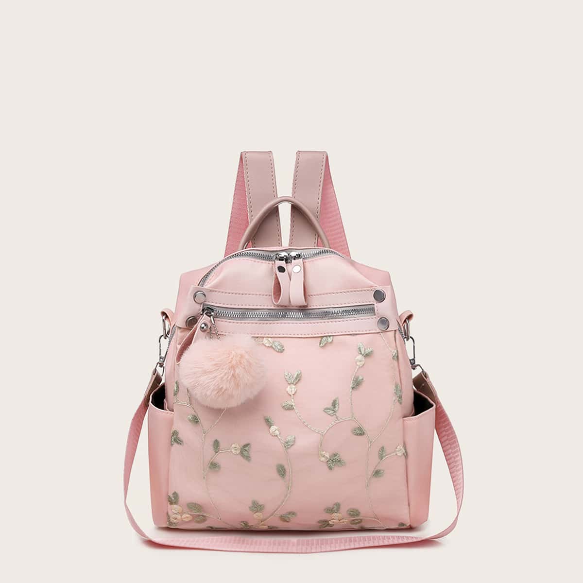 

Pom Pom Decor Floral Embroidered Backpack, Pink