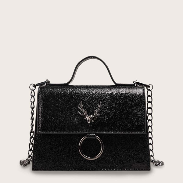 

Deer Decor Flap Satchel Bag, Black