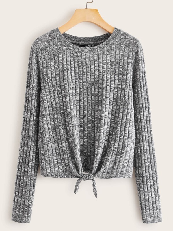 

Tie Neck Marled Rib-knit Tee, Grey, Luiza