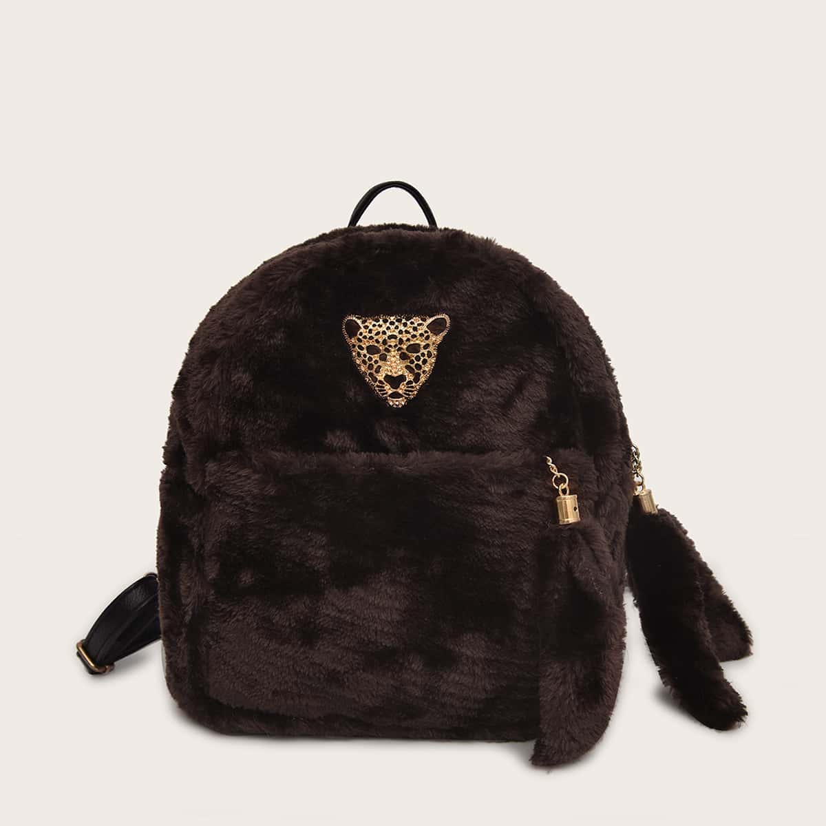 

Metal Decor Fluffy Backpack, Coffee