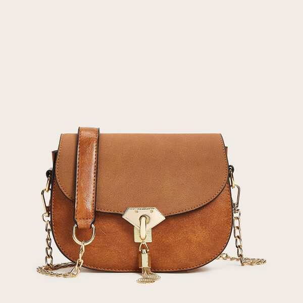 

Metal Tassel Decor Saddle Bag, Brown