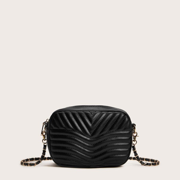 

Chevron Detail Chain Crossbody Bag, Black