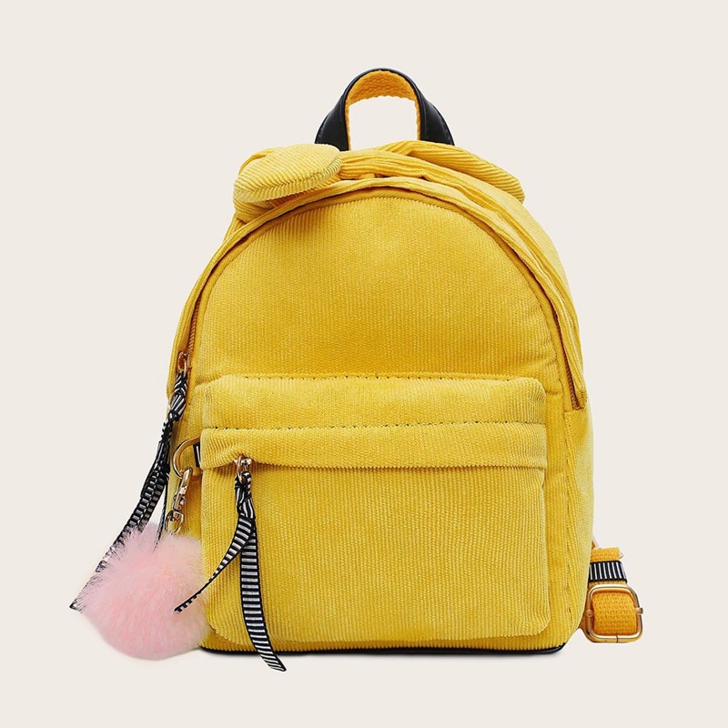 

Pom Pom Decor Corduroy Backpack, Yellow