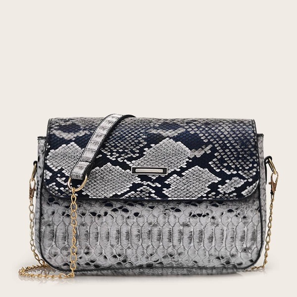 

Snakeskin Flap Chain Crossbody Bag, Grey