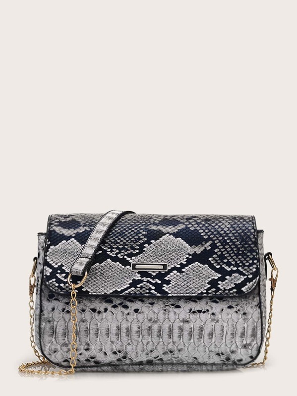 

Snakeskin Flap Chain Crossbody Bag, Grey
