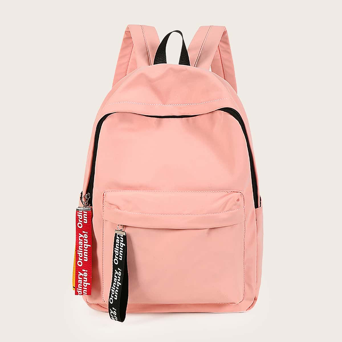 

Slogan Ribbon Pocket Front Backpack, Pink