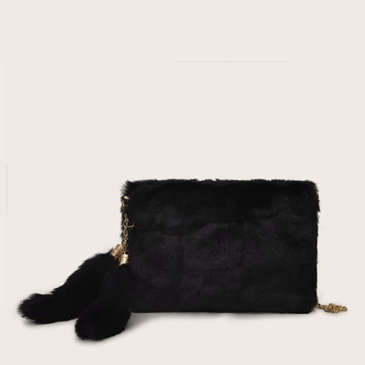 

Fluffy Charm Decor Chain Crossbody Bag, Black