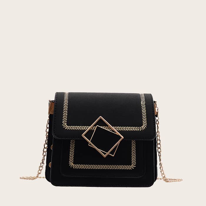 

Stitch Detail Flap Chain Bag, Black