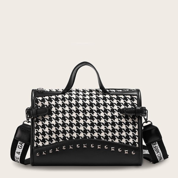 

Studded Decor Houndstooth Satchel Bag, Black and white