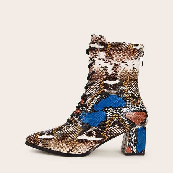 

Lace-up Front Snakeskin Chunky Boots