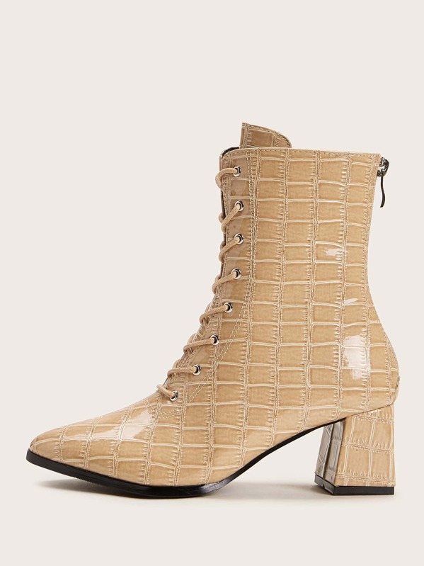 

Point Toe Croc Embossed Chunky Boots, Beige