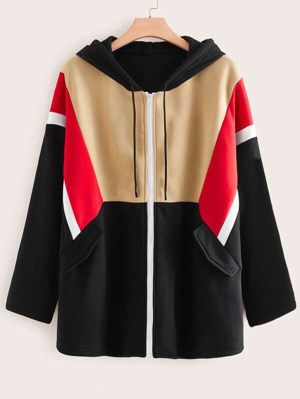 

Plus Cut And Sew Drawstring Hooded Coat, Multicolor