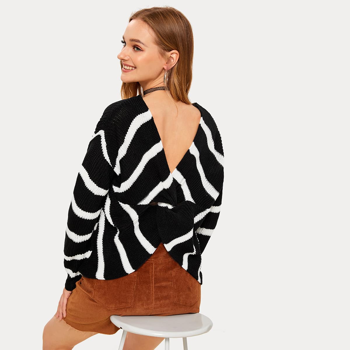 

Striped Twist Back Sweater, Black and white