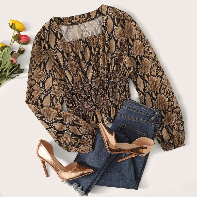 

Square Neck Snakeskin Print Shirred Waist Blouse, Multicolor