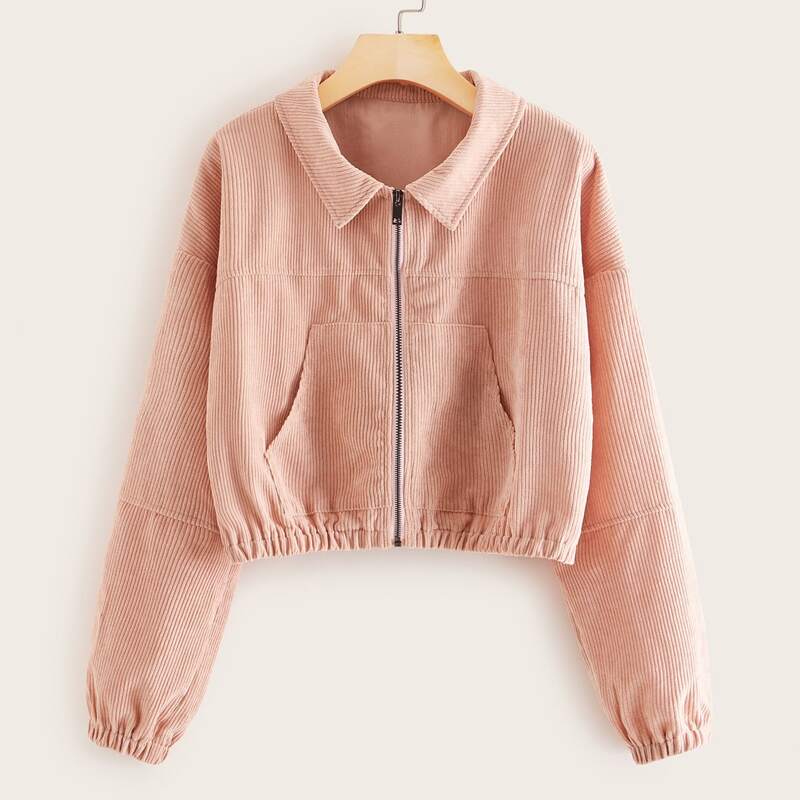 

Zip Up Pocket Front Corduroy Jacket, Pink pastel