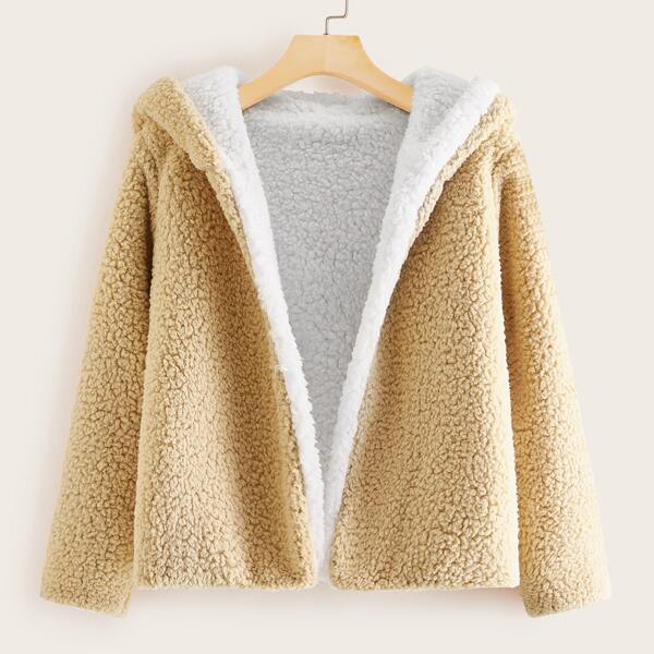 

Open Front Hooded Teddy Jacket, Beige