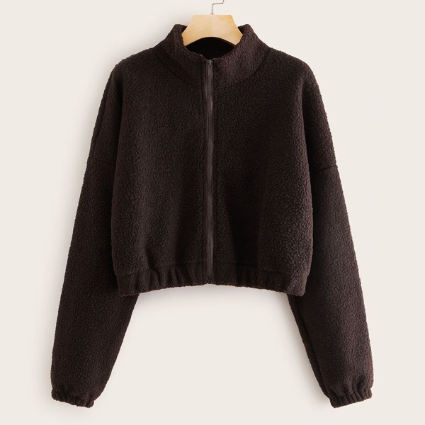 

Zip Up Drop Shoulder Teddy Jacket, Brown