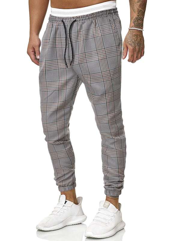 

Men Drawstring Waist Plaid Pants, Grey