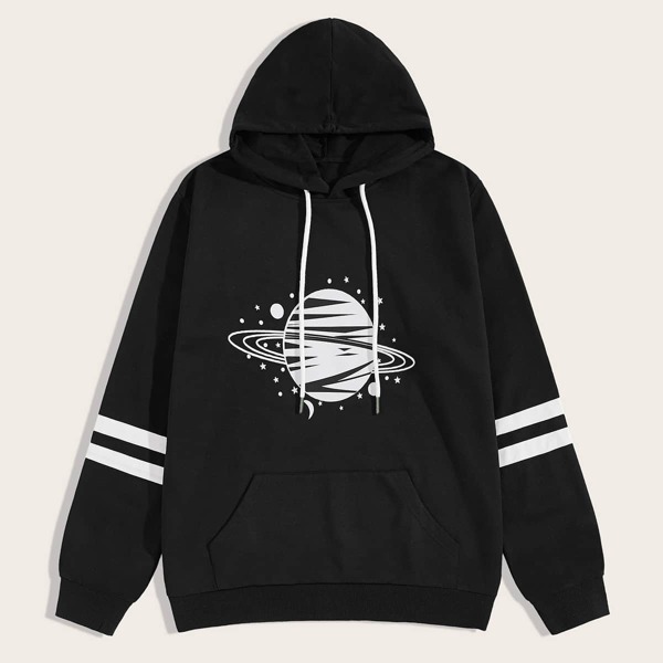 

Men Galaxy Print Drawstring Hoodie, Black