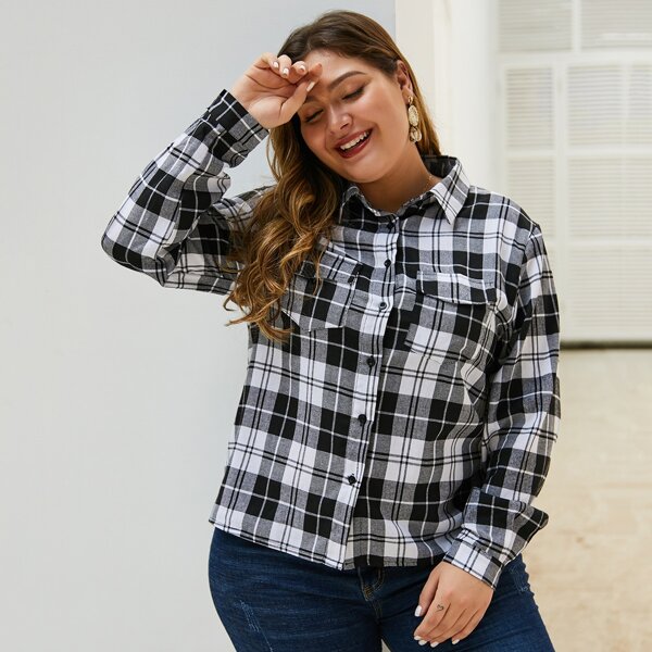 

Plus Tartan Plaid Dual Pocket Blouse