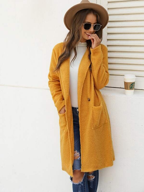 

Dual Pocket Single Button Teddy Coat, Yellow