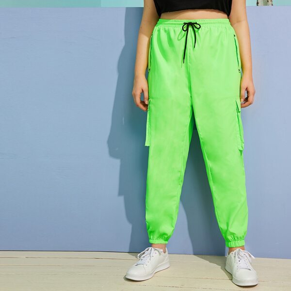

Plus Drawstring Waist Neon Green Cargo Pants, Green bright